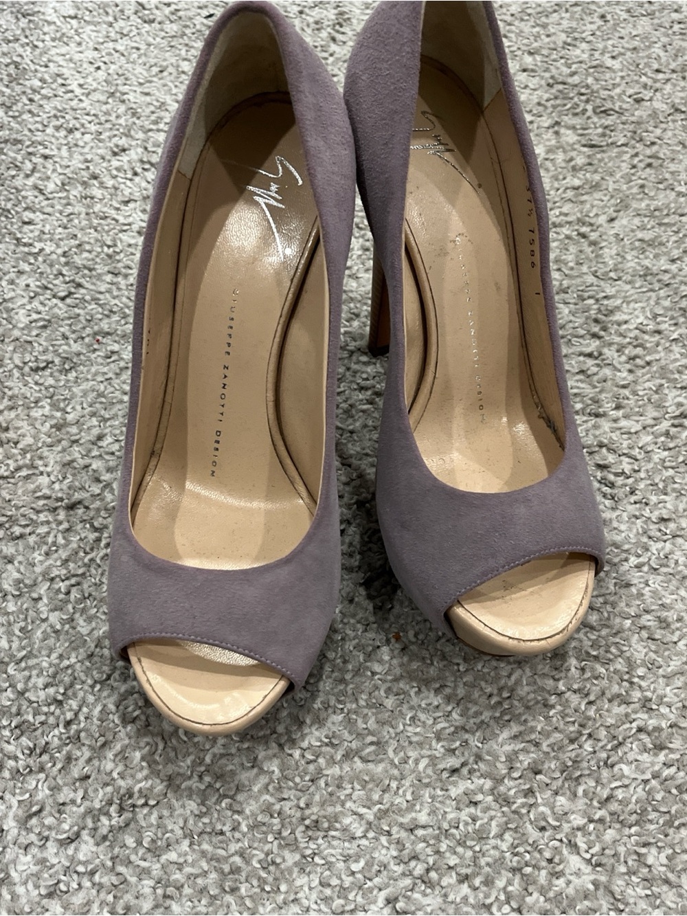 Giuseppe Zanotti Lavender Suede Peep-Toe Heels with Beige Insole